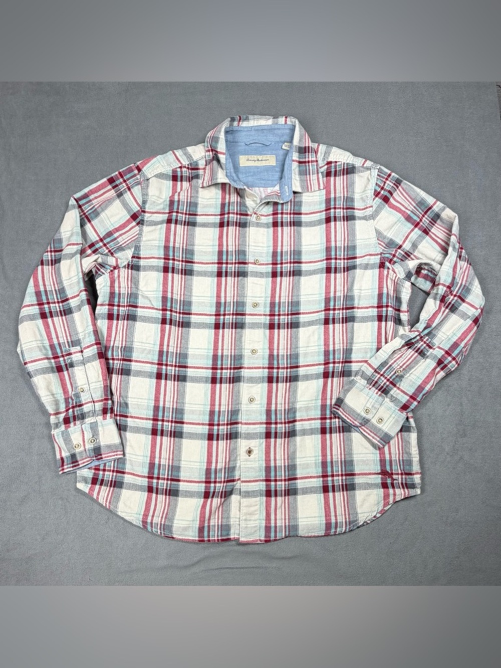 Tommy Bahama White Plaid Button-Down Corduroy Shirt with Red Accents